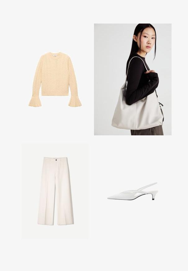 Cream-colored knit sweater with cable pattern, crew neck, and flared sleeves, laid flat on a white background.; Cream wide-leg trousers with a tailored design, featuring two front pockets and a single front button closure, made from smooth fabric.; White slingback heel with pointed toe, featuring a smooth upper, subtle cutouts, and a low block heel. Black sole accentuates design.; Beige handbag made of soft material, featuring a slouchy design, stitched detailing, and two shoulder straps. Suitable for everyday use.