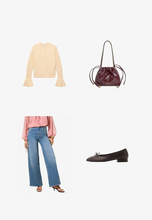 Cremefarbener Strickpullover mit Zopfmuster, Rundhalsausschnitt und ausgestellten Ärmeln, flach auf einem weißen Hintergrund ausgelegt.; Helle blaue, hochtaillierte, weit geschnittene Jeans mit klassischem Denim-Finish. Kombiniert mit einer rosa, rüschenschulter Bluse und schwarzen, offenen Sandalen mit Absatz.; Braune Leder-Balletschuhe mit runder Spitze und kleinem Blockabsatz. Mit einer dünnen Schleife an der Vorderseite und dezenten Steppnähten.; Burgunderfarbene Lederzugtasche mit Kettenhenkel, gerafftem oberen Teil, metallischen Akzenten und Logodetail an der Unterseite. Glatte, glänzende Textur.