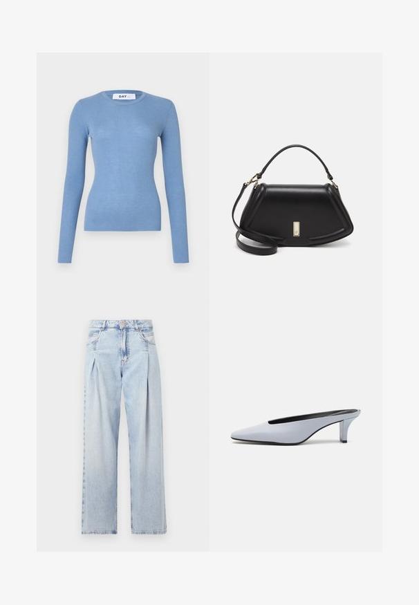 Ribbed long-sleeve top in light blue, featuring a round neckline and fitted silhouette. Smooth texture with subtle stretch. Brand label at neck.; Light blue denim jeans with a high waist, wide-leg cut, two side pockets, and pleated design feature. Soft texture with a faded finish.; Light blue patent leather mule with a pointed toe, low transparent heel, and a sleek design featuring a cut-out at the vamp.; Black leather handbag with a structured design, featuring a cropped shape, top handle, and gold hardware accent. Adjustable shoulder strap included.