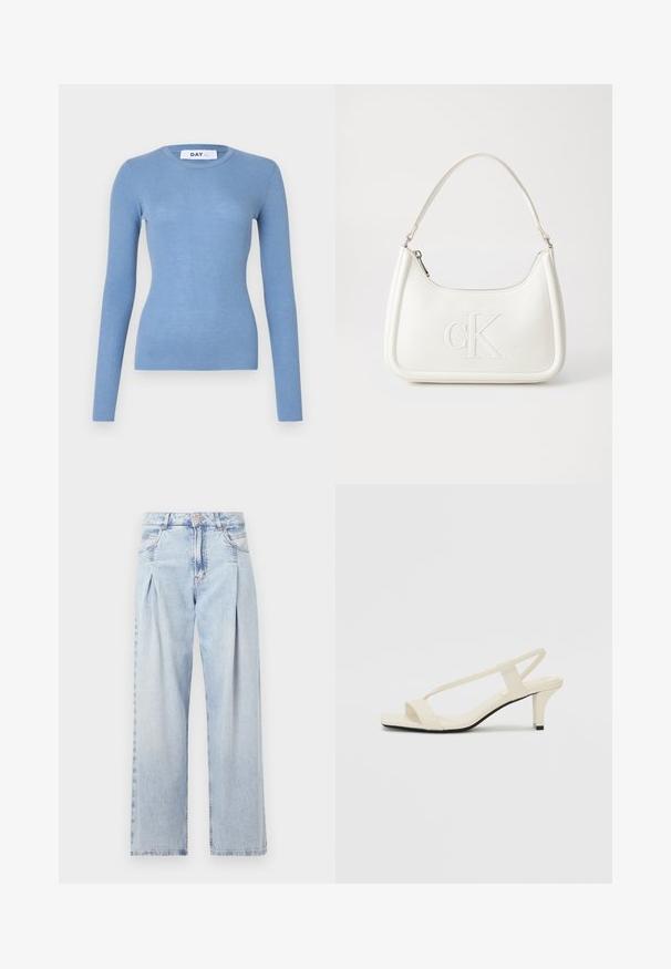 Csíkos, hosszú ujjú felső világoskék színben, kerek nyakkivágással és testhezálló sziluettel. Simára csiszolt textúra, enyhe rugalmassággal. Márkacímke a nyaknál.; Világoskék farmernadrág magas derekú, bő szabású, két oldalsó zsebbel és pliszírozott dizájnnal. Puha tapintású, elhalványított felület.; Beige színű, blokksarkú szandálok vékony pántokkal és négyzet alakú orral. Simább anyag, minimális részletezéssel, amely könnyű viselésre lett tervezve.; Fehér bőrtáska ívelt formájú, elöl feltűnő "CK" logóval, egyetlen vállpánttal. Cipzáras zárás a tetején.