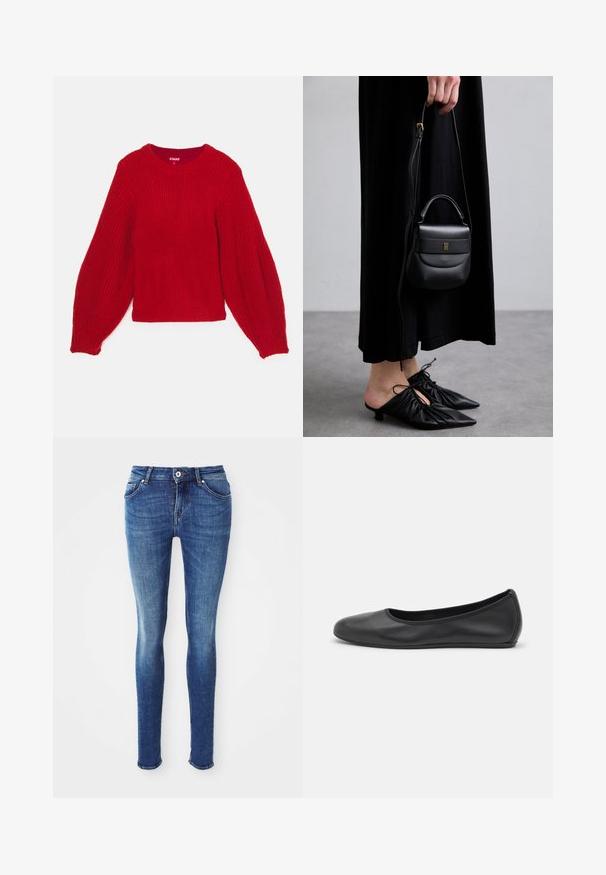 Punane kudumiskampsun, millel on ribitud tekstuur, ümarad kaelused ja volüümikad ballonivarrukad. Lühike pikkus ja sobiv ribitud alläär.; Sinised teksad slim-fit stiilis, siledast kangast, keskmise tõusuga talje, viie taskuga ja kergelt pleekinud reite piirkonnas. Omab metallist nööpi ja tõmblukk.; Musthave mustika tantsutossud mustast nahast, ümmarguse varbaga, siledast tekstuurist, minimaalse õmblusdetailiga ja paindliku tallakujundusega.; Väike must nahast käekott ümarate vormidega, ülemise sangaga ja eemaldatava rihmaga. Kanda musta kangast kleidi ja mustade voltimisega kingadega.