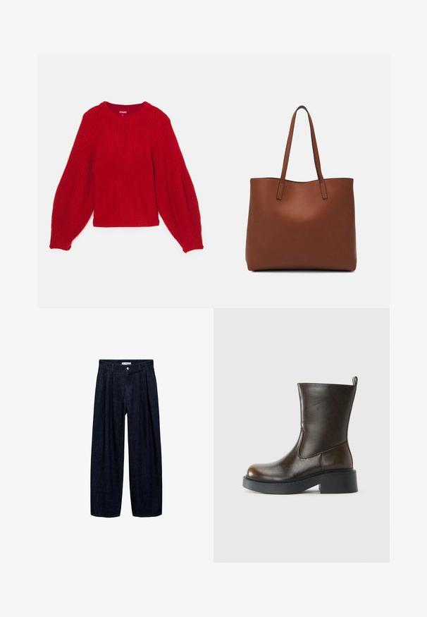 Red knitted sweater with a ribbed texture, round neckline, and voluminous balloon sleeves. Short length with a fitted ribbed hem.; Dark denim wide-leg trousers with pleats at the waist, featuring a front button and belt loops. Smooth texture and full-length design.; Dark brown mid-calf leather boot with a rounded toe, thick black sole, low block heel, and pull tab at the back.; Brown leather tote bag with a smooth texture, open top design, and two shoulder straps. Features minimal stitching and no visible hardware.