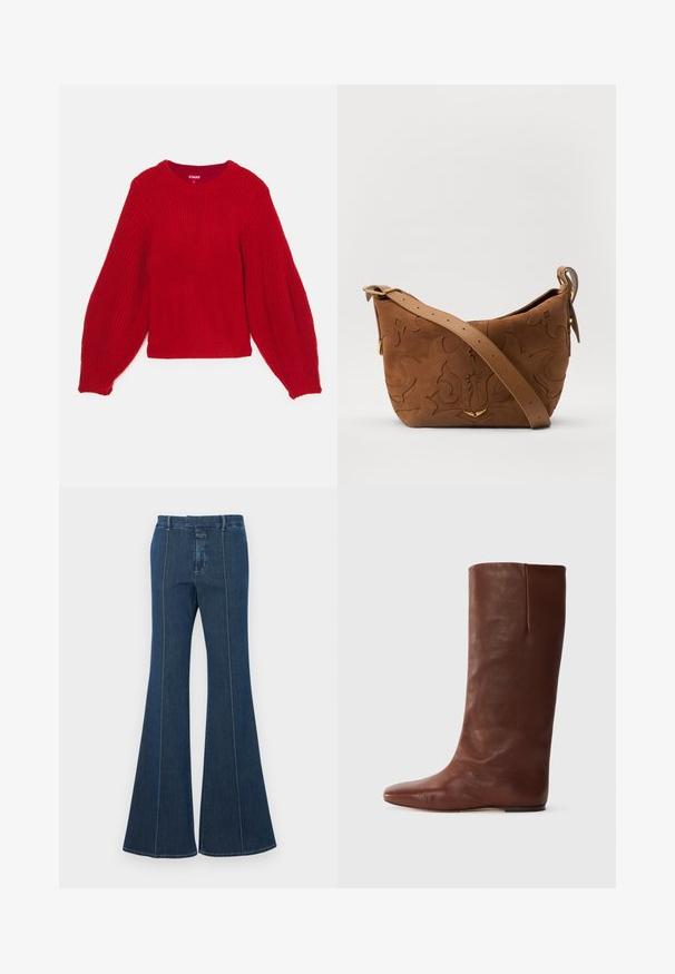 Sarkans adīts džemperis ar ribotu tekstūru, apaļu kakla izgriezumu un apjomīgām ballonveida piedurknēm. Īss garums ar pieguļošu ribotu apakšmalu.; Tumši zila džinsu flared bikses ar strukturētām šuvēm un gludu apdari. Iespējas ar vidējo jostasvietu un plašām, plūstošām kājām.; Brūns ādas ceļgalu augstuma zābaks ar smailu purngalu, gludu tekstūru, minimālu šuvju skaitu un taisnu siluetu. Ar platu zoli un bez redzama metāla detaļām.; Brūns zamšs plecu soma ar iegravētu ziedu dizainu, papildināta ar gludu brūnu ādas siksnu un zelta toņa detaļām.