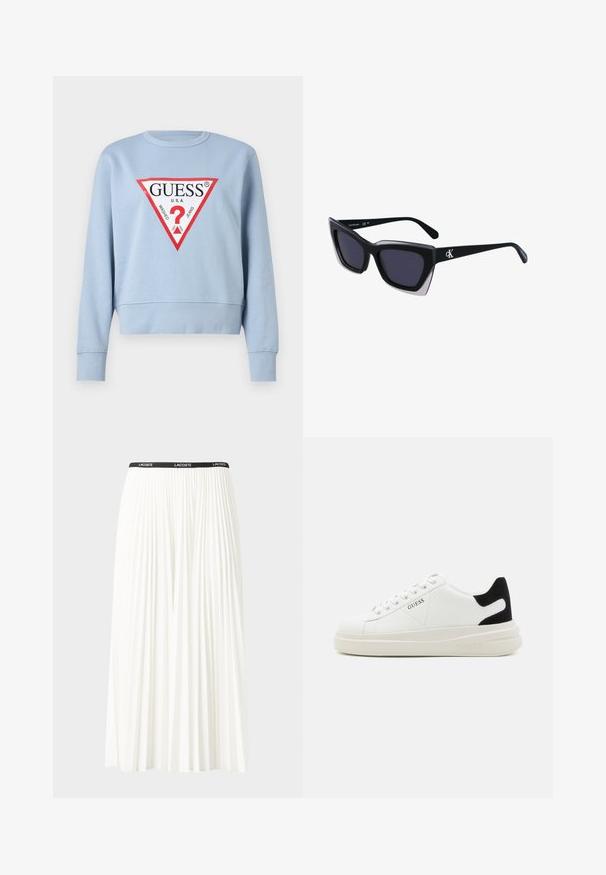 Sudadera azul claro de algodón, presenta un gráfico de triángulo rojo audaz con el logo "GUESS" y un signo de interrogación, diseño corto con puños acanalados.; Falda blanca plisada con una cinturilla elástica negra que presenta el logotipo "LACOSTE". Diseño de longitud media con textura suave.; Zapatillas blancas de cuero con una suela blanca gruesa, acento en el talón de ante negro y logo grabado en el lateral. Diseño de cordones con seis ojales.; Gafas de sol negras de gran tamaño con una forma geométrica, que presentan lentes oscuros y un detalle gris contrastante en la montura. Logo en la pata.