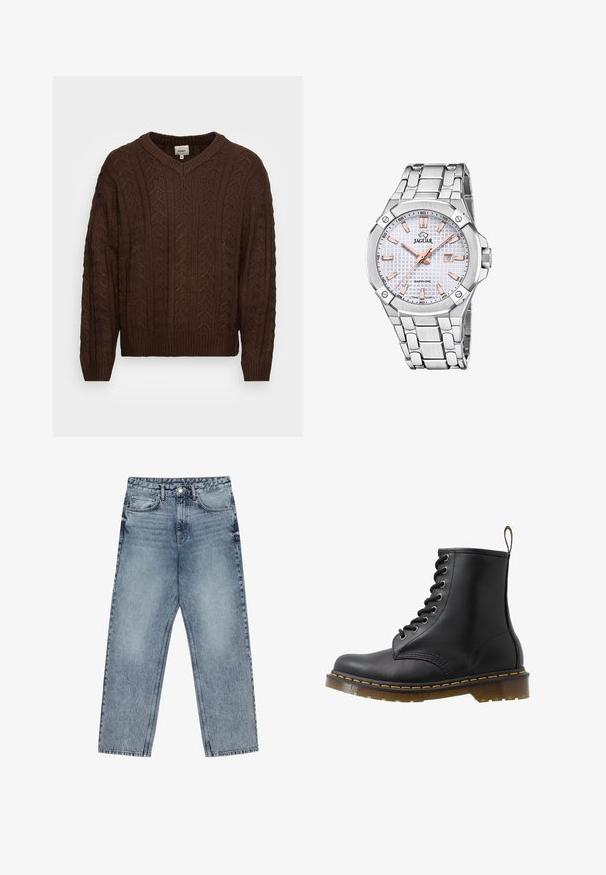 Brun stickad tröja med v-ringning, texturerat kabelmönster och ribbade ärmslut och nederkant. Tillverkad av mjukt, varmt material.; Ljust blå denimjeans med rak benform, synliga sömmar, fem fickor och en knappstängning i midjan.; Svart läderankelstövel med rund tå, ögla snörningsdesign, orange stickning och en kraftig genomskinlig sula. Dragflik bak.; Silverfärgad klocka i rostfritt stål med en texturerad vit urtavla, detaljer i roséguld, datumvisning och länkarmband. Safirkristallskydd.
