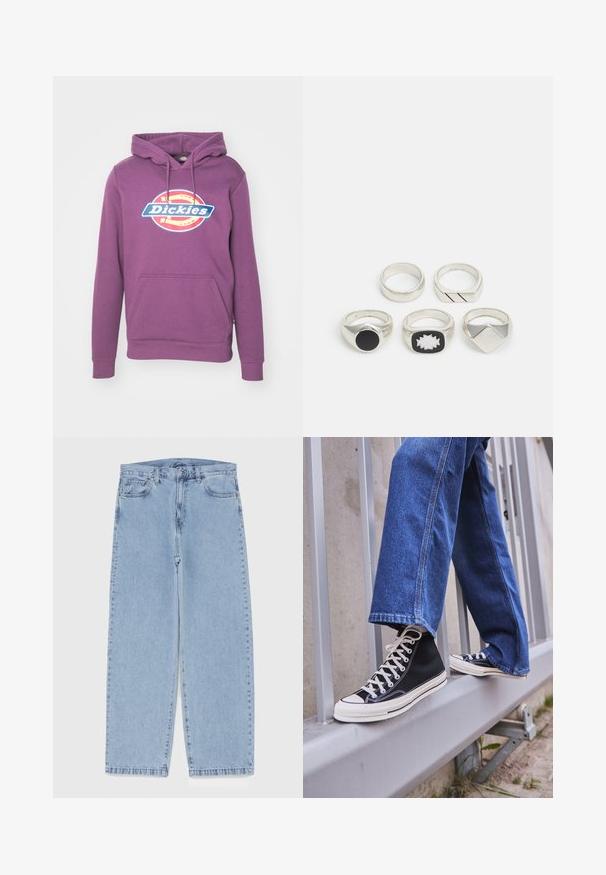 Felpa viola con tasca frontale, cappuccio con cordini e un grande logo "Dickies" blu e rosso sul petto. Tessuto morbido e texture.; Jeans in denim azzurro chiaro con design a gamba dritta, caratterizzati da una vita media, cinque tasche e chiusura con bottone e zip.; Scarpe da ginnastica nere alte con suola e lacci bianchi, abbinate a jeans di denim blu larghi, appoggiate su un parapetto grigio.; Cinque anelli d'argento: uno con un dettaglio circolare nero, uno con un motivo geometrico bianco e nero, e altri con diverse forme e finiture.
