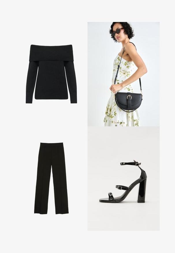 Schwarzer, schulterfreier Pullover mit geripptem Ausschnitt und Bündchen, aus weichem Strickmaterial gefertigt, mit langen Ärmeln und bequemer Passform.; Schwarze weit geschnittene Hosen aus glattem Stoff, ausgestattet mit einem taillierten Bund und dezenten vorderen Falten für zusätzliche Struktur.; Schwarze patentierte Sandalen mit Absatz, quadratischer Spitze, Knöchelriemen und silbernen Schnallen. Mit einem stabilen Blockabsatz für mehr Stabilität.; Schwarze Lederhandtasche mit geschwungener Form, abnehmbarem Tragegurt und goldenen Beschlägen. Die Tasche verfügt über einen Deckel mit einer Schnallen-Details.