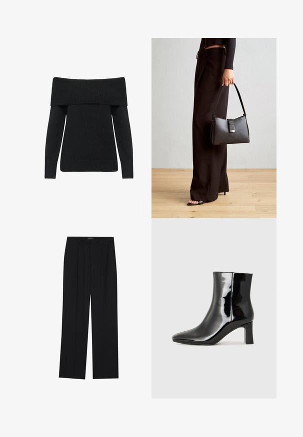 Czarny sweter bez ramion z prążkowanym dekoltem i mankietami, wykonany z miękkiego materiału dzianinowego, z długimi rękawami i luźnym krojem.; Czarne spodnie o prostym kroju nogawek, z dwoma przednimi kieszeniami i paskiem w talii. Wykonane z gładkiego, lekkiego materiału.; Czarne lakierowane botki za kostkę z wysmukłym noskiem i średniej wysokości obcasem w kształcie słupka. Gładka tekstura i minimalistyczny design.; Czarna torebka o usztywnionym kształcie, gładkiej fakturze i metalowym zapięciem. Połączona z szerokimi czarnymi spodniami i sandałami na otwartym palcu na drewnianej podłodze.