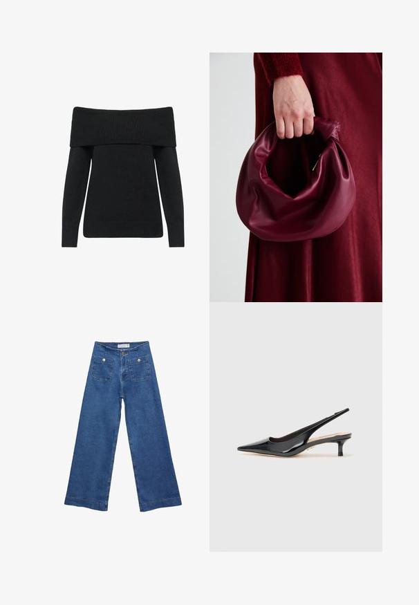 Schwarzer, schulterfreier Pullover mit geripptem Ausschnitt und Bündchen, aus weichem Strickmaterial gefertigt, mit langen Ärmeln und bequemer Passform.; Denim-Hosen im weiten Schnitt mit einer mittleren blauen Waschung, zwei Vordertaschen mit Knopfverschluss und genähten Details entlang der Säume.; Schwarze Lackleder-Slingback-Pumps mit spitzem Sockel und schlankem, mittelhohem Absatz. Glatte Textur mit minimalistischen Designelementen.; Burgunderleder-Handtasche mit einem weichen, gerafften Design und einer gerundeten Form. Der Griff ist gesichert und zeigt eine glatte Textur.