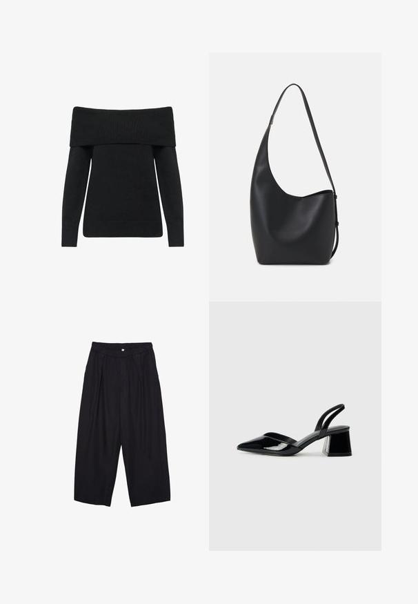 Schwarzer, schulterfreier Pullover mit geripptem Ausschnitt und Bündchen, aus weichem Strickmaterial gefertigt, mit langen Ärmeln und bequemer Passform.; Schwarze Polyester-Culotte mit einem elastischen Bund, zwei vorderen Falten und einer lockeren Silhouette. Keine sichtbaren Muster oder Hardware-Details.; Schwarze Lackleder-Slingback-High Heels mit spitzem Schuh und einem geometrischen Blockabsatz. Verfügt über ein schlankes, minimalistisches Design und eine glatte Textur.; Schwarze Leder-Hobo-Tasche mit einer glatten Textur, geschwungener Form und einem einzelnen verstellbaren Tragegurt; verfügt über eine weite Öffnung am oberen Ende.