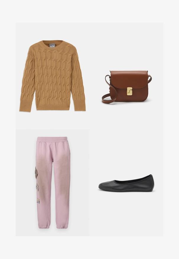 Pull en tricot marron avec un motif en torsade, col rond et manches longues. Poignets et ourlet côtelés, fabriqué dans un tissu doux et texturé.; T-shirt blanc à manches courtes en tissu côtelé. Col rond, coupe régulière et détails de couture subtils. Aucune motif ni graphique.; Pantalon de survêtement rose avec une taille élastique, présentant des patches décoratifs en forme de diamant sur le côté gauche et des poignets élastiques aux chevilles.; Ballerines en cuir noir avec un bout rond, texture lisse, détails de couture minimalistes et design de semelle flexible.; Sac à main en cuir marron avec une fermeture à rabat, des accents en métal doré, une bandoulière et une texture lisse. Forme rectangulaire compacte.