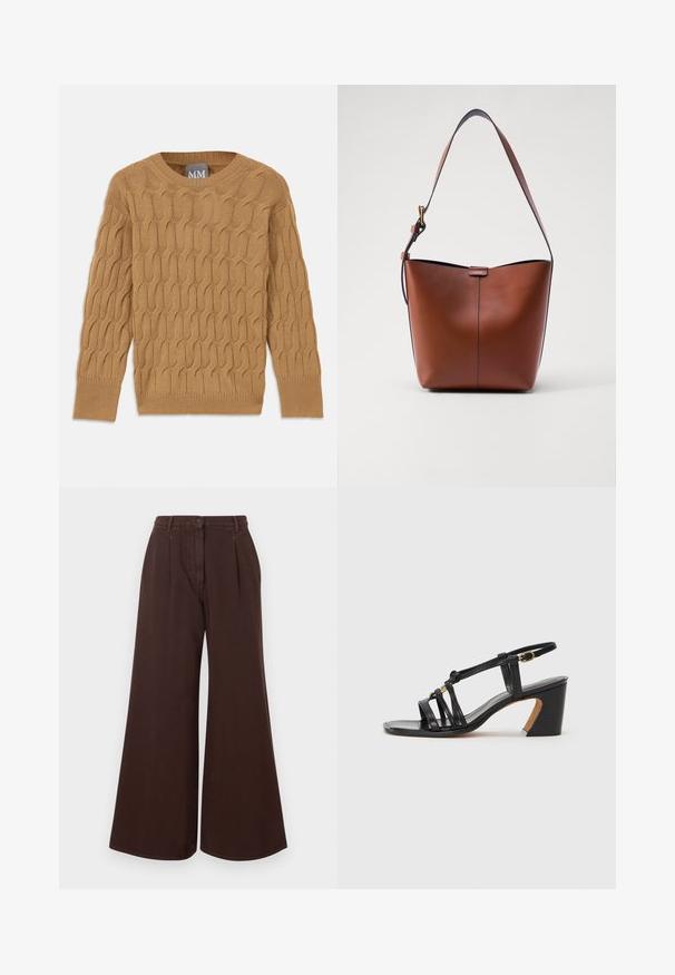 Brown knitted sweater featuring a cable pattern, round neckline, and long sleeves. Ribbed cuffs and hem, made from a soft, textured fabric.; High-waist wide-leg brown pants with button and zipper closure, belt loops, and front pleats.; Paul Smith AMIRA - Classic heels - black; Brown leather shoulder bag with a curved shape, smooth texture, and a single thin strap. Features a subtle seam and a small logo detail.