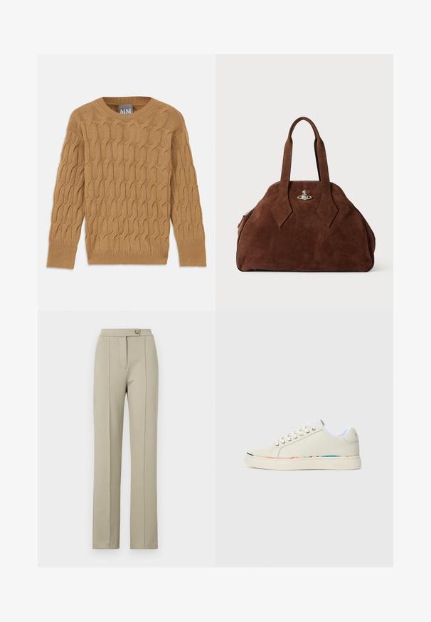 Ruskea neulottu neulepaita, jossa on kaapelikuosi, pyöreä pääntie ja pitkät hihat. Ribbauskärkiset hihat ja helma, valmistettu pehmeästä, tekstuuripinnoitteisesta kankaasta.; Beige-harmaat housut suoran istuvuuden kanssa, joissa on etuvetoketju, yksittäinen nappikiinnitys ja huomaattomat puristetut taitokset etujaloissa.; Valkoinen matala tennari nauhalla, valkoisella sisävuorella ja huomaamattomalla monivärisellä koristelulla kengän pohjan reunassa, sivuprofiili.; Ruskea mokkahamppari, jossa on jämäkkä muoto, pyöreä runko ja pitkät timantinmuotoiset kahvat. Varustettu hopeasävyisellä sulkumekanismilla.