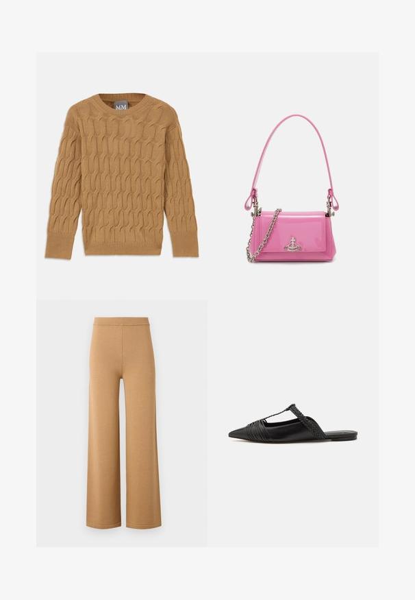 Pull en tricot marron avec un motif en torsade, col rond et manches longues. Poignets et ourlet côtelés, fabriqué dans un tissu doux et texturé.; Pantalons larges beiges en tissu doux et extensible, dotés d'une taille élastique haute et de coutures propres et simples.; Chaussure en cuir noir à talon ouvert avec un bout pointu, présentant un accent tressé et un design supérieur plissé. Semelle plate avec un matériel minimal.; Sac à main en cuir verni rose, de forme rectangulaire, avec une bandoulière en chaîne amovible et des détails en métal argenté à l'avant.