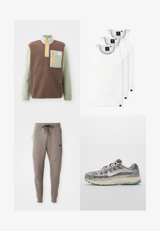 The North Face M YUMIORI 1/4 ZIP - Felpa in pile - smokey brown/clay grey/summit gold; Tre canotte bianche a coste in cotone. Presentano un colletto rotondo e piccole etichette nere vicino all'orlo. Disponibile in diverse taglie.; Pantaloni sportivi Nike grigi con cintura regolabile, gambe affusolate, tasche laterali e dettagli di cucitura distintivi. Tessuto morbido e texture.; Scarpa sportiva grigia con tomaia in mesh e suede, dettagli bianchi, suola ammortizzata e un design distintivo con elementi riflettenti.