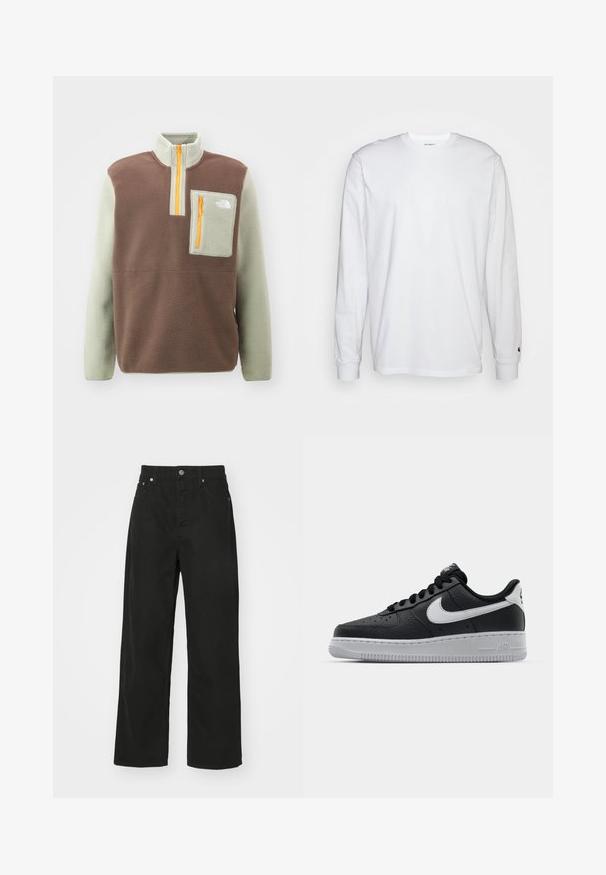 The North Face M YUMIORI 1/4 ZIP - Camisola de lã polar - smokey brown/clay grey/summit gold; T-shirt de mangas longas branca feita de algodão. Design de gola redonda com punhos canelados e um pequeno logotipo na manga esquerda. Textura suave.; Calças de ganga pretas com um design de perna reta, apresentando cinco bolsos, fecho por botão e uma cintura clássica. Textura suave.; Sapatilha de pele preta com superfície texturizada, swoosh branco da Nike, sola cinza, bico redondo e design com atacadores. Apresenta perfurações na caixa dos dedos.