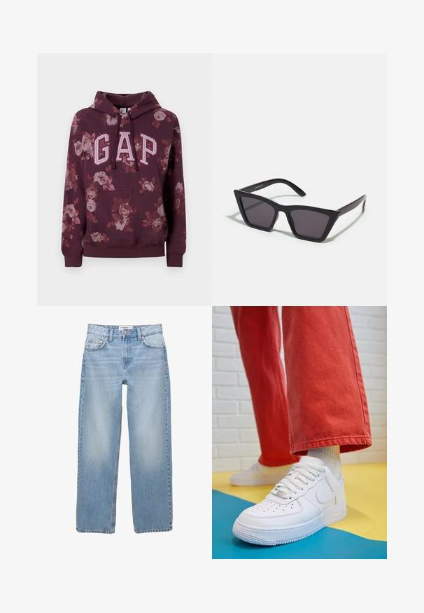 Bordo kapuzenpulover z rožastim vzorcem, logo "GAP" v svetlo roza barvi, kenguru žep, rebrasti manšeti in spodnji rob. Narejeno iz mehkega blaga.; Svjetloplave traperice s ravnim nogavicama, stilom s pet džepova i vidljivim detaljima šivanja. Tkanina ima mekanu, malo izbljedjenu teksturu.; Beli usnjeni športni čevlji s perforiranim prstnim delom, teksturiranim podplatom in belimi vezalkami, v kombinaciji s širokimi rdečimi hlačami in modro-rumeno ozadje.; Črne, angularne sončne očala z sivimi lečami; izdelana iz plastike, imajo debele ročke z gladko površino in brez vidne opreme.