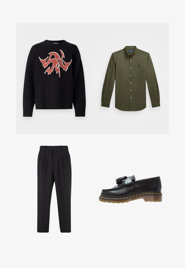Schwarzer Pullover mit Rundhalsausschnitt, der ein strukturiertes, abstraktes Design in Rot und Creme auf der Vorderseite zeigt. Rippbündchen an Ärmeln und Saum.; Olivgrünes Langarm-Hemd mit Knopfleiste. Kragen-Design mit dezentem gesticktem Logo und standardmäßiger Knopfverschluß entlang der Vorderseite.; Schwarze Hose mit plissiertem Vorderdesign, aus glattem Stoff gefertigt. Mit Knopfverschluss und Gürtelschlaufen; gerade Passform.; Schwarze Lederloafer mit strukturiertem Finish, ausgestattet mit einer dekorativen Quaste und kontrastierenden gelben Nähten, auf einer klobigen, transparenten Sohle.