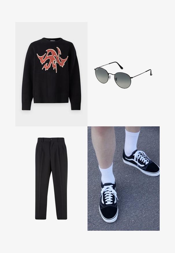Schwarzer Pullover mit Rundhalsausschnitt, der ein strukturiertes, abstraktes Design in Rot und Creme auf der Vorderseite zeigt. Rippbündchen an Ärmeln und Saum.; Schwarze Hose mit plissiertem Vorderdesign, aus glattem Stoff gefertigt. Mit Knopfverschluss und Gürtelschlaufen; gerade Passform.; Schwarze Wildleder-Sneaker mit weißen Akzenten und Schnürsenkeln, kombiniert mit weißen, gerippten Socken, auf einer strukturierten grauen Oberfläche platziert.; Schwarze Metal-Sonnenbrille mit runden, gradienten Gläsern, ausgestattet mit dünnen Bügeln und klaren Nasenpads für einen bequemen Sitz.