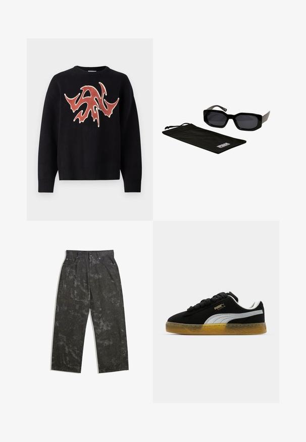 Schwarzer Pullover mit Rundhalsausschnitt, der ein strukturiertes, abstraktes Design in Rot und Creme auf der Vorderseite zeigt. Rippbündchen an Ärmeln und Saum.; Dunkelgraue Jeanshose mit lockerer Passform, die dezente melierte Muster und metallische Details aufweist. Fünf-Taschen-Design.; Schwarze Leder-Sneaker mit weißem Seitenstreifen und goldenem Logo. Sie verfügen über eine Gummisohle mit strukturiertem Muster. Die Schnürsenkel sind schwarz und flach.; Schwarze Sonnenbrille mit eckigen, übergroßen Rahmen und dunklen Gläsern, begleitet von einem schwarzen Mikrofaserbeutel mit einem Logo.
