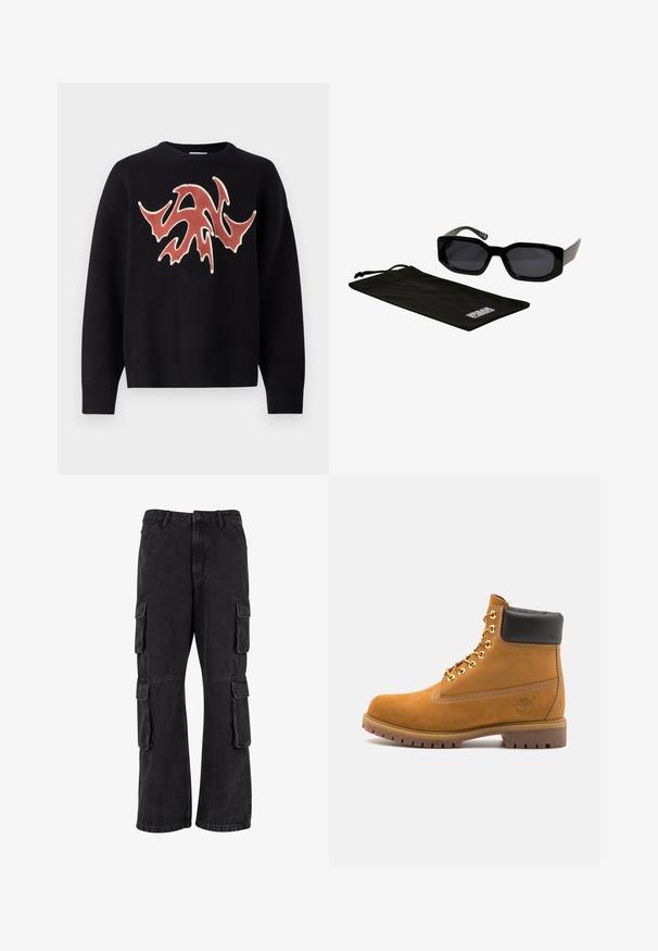 Maglione nero con collo rotondo, caratterizzato da un design astratto e texturizzato in rosso e crema sulla parte anteriore. Polsini e orlo a costine.; Pantaloni cargo neri in denim, con una vestibilità ampia, molteplici tasche laterali e dettagli cuciti. La trama è leggermente sbiadita.; Stivale alla caviglia in suede tan con collare imbottito nero, occhielli in metallo dorato, dettagli in cucitura bianca e suola in gomma robusta con battistrada pronunciato.; Occhiali da sole neri con montatura grande e angolare e lenti scure, accompagnati da una custodia in microfibra nera con un logo.