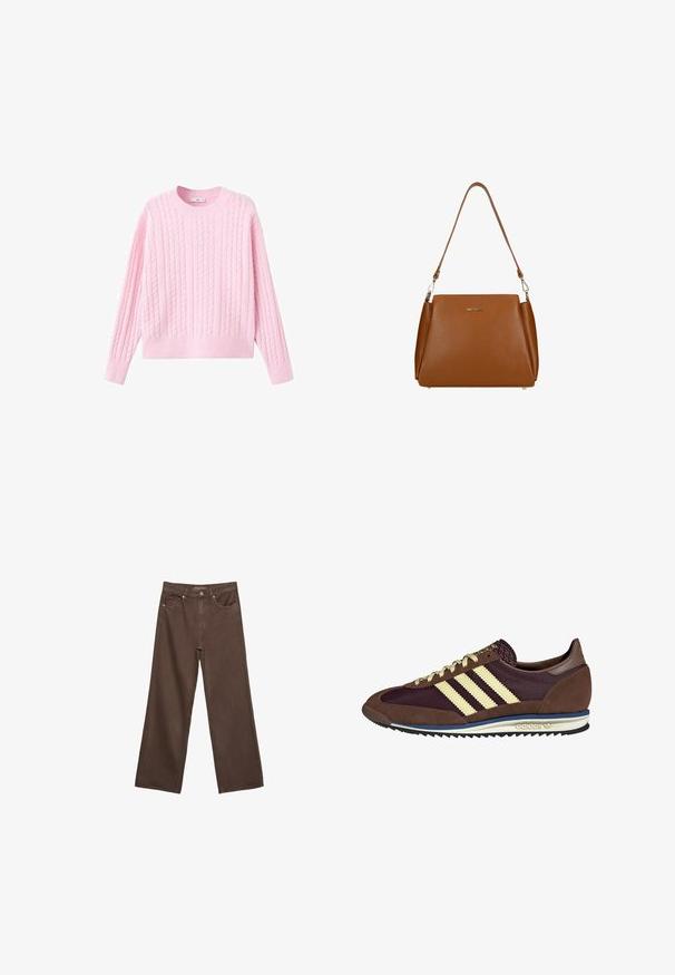 Rosa gestrickter Pullover mit Zopfmuster, langen Ärmeln und Rundhalsausschnitt. Der Stoff ist weich und hat eine leicht strukturierte Oberfläche.; Weite braune Jeans aus Denim, mit hoher Taille, Fronttaschen und klassischem Knopfverschluss. Glatte Textur mit feinen Nähten.; Braune und burgunderfarbene Sneaker aus Wildleder und Mesh-Materialien, mit drei cremefarbenen Streifen, strukturiertem Stoff an der Zunge und einer Gummisohle.; Braune Ledertasche mit strukturierter Oberfläche, einem einzelnen Schulterriemen und einem dezenten Logo auf der Vorderseite. Verfügt über ein strukturiertes Design.