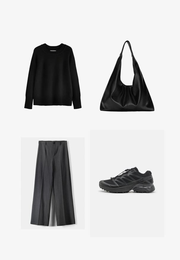 Next CREW NECK - Strickpullover - black; Weite Beinhosen aus dunkelgrauem Stoff mit Knopfverschluss, vorderen Falten und Gürtelschlaufen. Glatte Textur mit maßgeschneidertem Design.; Schwarzer Laufschuh mit Obermaterial aus Mesh und Synthetik, flexibler Sohle und elastischen Schnürsenkeln. Verfügt über eine gepolsterte Zwischensohle für zusätzlichen Komfort.; Schwarze Leder-Hobo-Tasche mit einer weichen, geschwungenen Form. Sie verfügt über einen breiten Oberhandgriff und Falten an der Basis für eine lässige Textur.