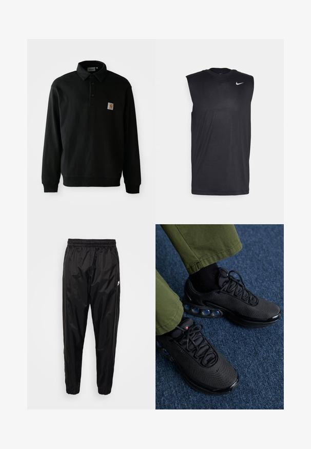 Polo preto de manga longa com três botões e um pequeno emblema quadrado da Carhartt no lado esquerdo do peito, contra um fundo branco.; Camiseta atlética preta sem mangas, feita de um tecido liso, com gola redonda e um pequeno logotipo da Nike na parte superior esquerda.; Calças de treino pretas feitas de um material leve e brilhante, com uma cintura elástica, corte afunilado e bolsos com fechos de correr. Apresenta um detalhe com o logótipo.; Sapatos de desporto pretos com parte superior em malha, superfície texturizada e cápsulas de amortecimento de ar visíveis. Combinados com calças verde-oliva e meias pretas.