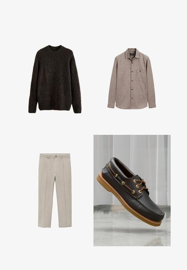 Kardigan w ciemnym brązie, z teksturowaną powierzchnią, długimi rękawami i okrągłym dekoltem. Miękki, gruby materiał.; Brązowa koszula zapinana na guziki, wykonana z fakturowanej tkaniny; ma kołnierz i jedną kieszeń na piersi z czarnymi guzikami. Długie rękawy.; Jasno beżowe spodnie wykonane z mieszanki bawełny, posiadające prosty krój nogawki, przednie fałdy, zapięcie na guzik oraz boczne kieszenie.; Brązowe skórzane buty żeglarskie z wyściełanym wnętrzem, żółtymi oczkami, brązowymi sznurówkami i jasnobrązową gumową podeszwą; posiadają skomplikowane detale przeszycia.