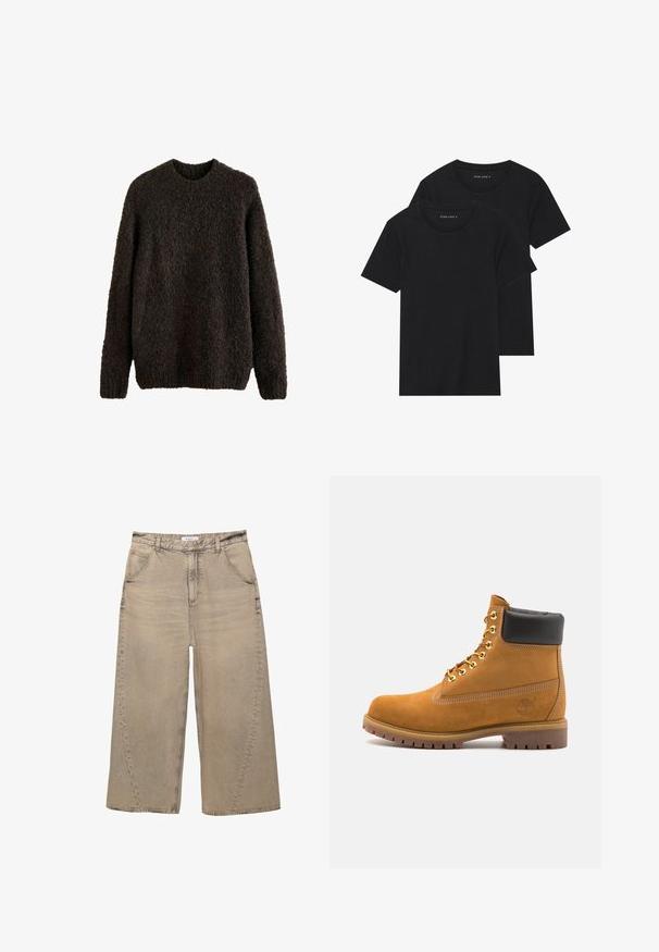 Strickpullover in Dunkelbraun mit strukturiertem Oberflächenmaterial, langen Ärmeln und Rundhalsausschnitt. Weiches, dickes Material.; Zwei schwarze Baumwoll-T-Shirts mit kurzen Ärmeln, runden Ausschnitten und einer glatten Textur, übereinander gestapelt.; PULL&BEAR MEGA BAGGY - Baggy Jeans - light grey; Beige Wildleder-Ankle-Boot mit schwarzem gepolstertem Kragen, goldenen Metallösen, weißen Nähdetalben und einer robusten Gummisohle mit ausgeprägtem Profil.