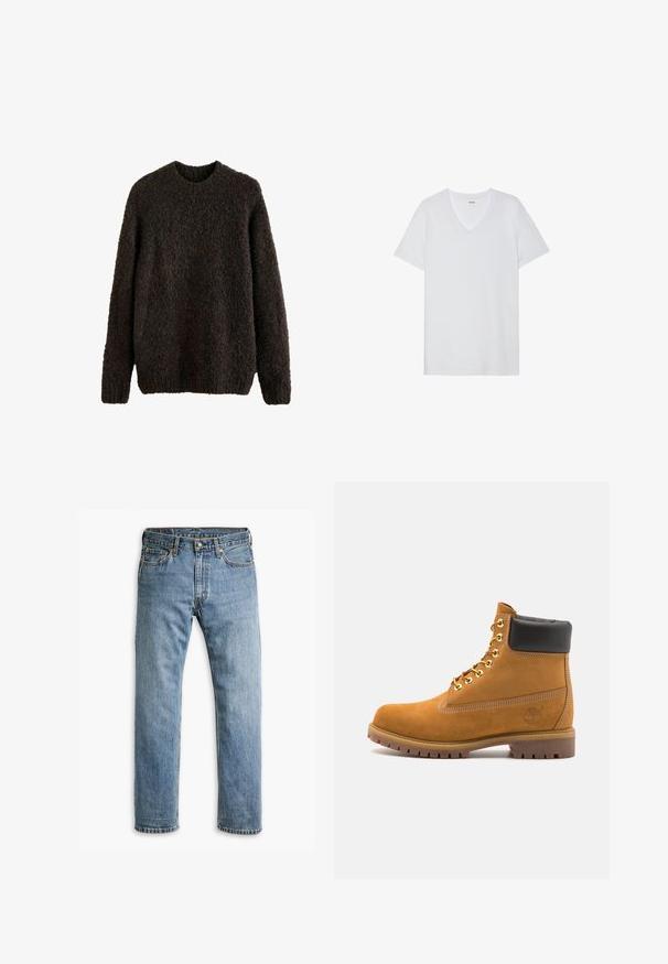Strickpullover in Dunkelbraun mit strukturiertem Oberflächenmaterial, langen Ärmeln und Rundhalsausschnitt. Weiches, dickes Material.; Weißes T-Shirt mit kurzen Ärmeln und V-Ausschnitt, glatter Textur, leichtem Stoff und dezentem Logo in der Nähe des Kragens.; Blaue gerade geschnittene Jeans aus Denim mit fünf Taschen, Gürtelschlaufen und Metallknopfverschluss vor einem weißen Hintergrund.; Beige Wildleder-Ankle-Boot mit schwarzem gepolstertem Kragen, goldenen Metallösen, weißen Nähdetalben und einer robusten Gummisohle mit ausgeprägtem Profil.