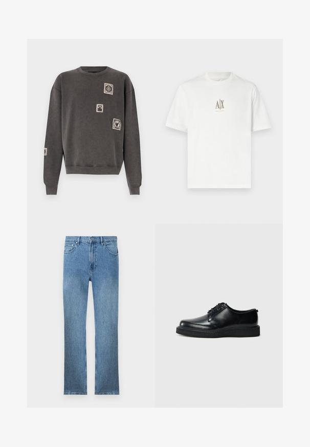 Sweatshirt gris en mélange de coton, avec un col rond, des manches longues et des appliqués décoratifs de timbres postaux brodés.; T-shirt en coton blanc avec un col rond. Présente un petit logo beige "A|X" et "ARMANI EXCHANGE" imprimé en dessous. Manches courtes, coupe régulière.; Jean en denim bleu clair avec une coupe droite, cinq poches, une fermeture éclair et des coutures contrastantes. Le tissu a une finition lisse et texturée.; Chaussures à lacets en cuir noir avec un bout arrondi, une finition lisse et une semelle en caoutchouc noir texturée. Design minimaliste sans motifs visibles.