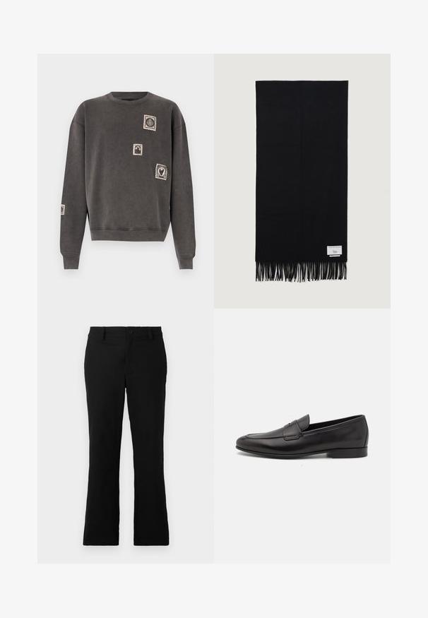 Felpa grigia realizzata in misto cotone, con collo a giro, maniche lunghe e decorazioni in applicazioni ricamate di francobolli.; Pantaloni neri a campana realizzati in tessuto misto cotone, caratterizzati da chiusura con bottone, passanti per cintura e una superficie liscia senza motivi visibili.; Mocassino da uomo in pelle nera con tacco basso e design classico a striscia, mostrato in profilo laterale su sfondo bianco.; Sciarpa nera realizzata in tessuto morbido, con lunghe frange alle estremità e un piccolo etichetta del marchio su un lato.
