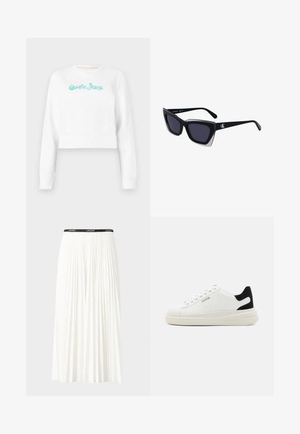 Hvit kortermet genser med rund hals, med turkise "Guess Jeans"-bokstaver i et stilisert skrifttype. myk stoff med ribbestrikkede ermer.; Plissert hvit skjørt med en svart elastisk midje som har "LACOSTE"-logoen. Midjelengde design med myk tekstur.; Hvite lær sneakers med tykk hvit såle, svart semsket hælforsterkning og preget logo på siden. Snøresystem med seks hull.; Store svarte solbriller i overdimensjonert størrelse med geometrisk form, med mørke linser og en kontrasterende grå detalj på rammen. Logo på armen.
