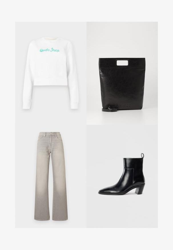White cropped sweatshirt with a crew neck, featuring turquoise "Guess Jeans" text in a stylized font. Soft fabric with ribbed cuffs.; Gray wide-leg jeans with a faded finish, button closure, five-pocket design, and stitched detailing along the seams.; Black leather ankle boot with a pointed toe, a geometric stacked heel, and a pull tab at the back. Smooth texture and sleek design.; Black leather tote bag with a square handle, featuring a textured finish and embossed logo. Includes a detachable strap.