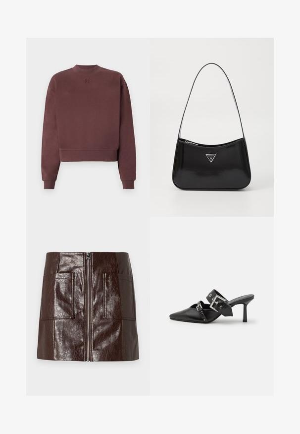 Bordová mikina s vysokým golierom a skráteným strihom. Vyrobená z mäkkej tkaniny, s rebrovanými manžetami a vyrazeným logom na hrudi.; Hnedá umelá kožená mini sukňa s predným zipsom, dvoma veľkými prednými vreckami a hladkou, lesklou textúrou.; Čierne vysoké podpätky mule so špicatou špičkou, vyrobené z hladkej kože. Obsahujú široký členkový remienok so štvrcovým strieborným sponom a cvokmi.; Čierna lesklá kožená taška na rameno s zakriveným tvarom, s farebným strieborným trojuholníkovým logom a zipsom. Hladký povrch a úzky popruh.