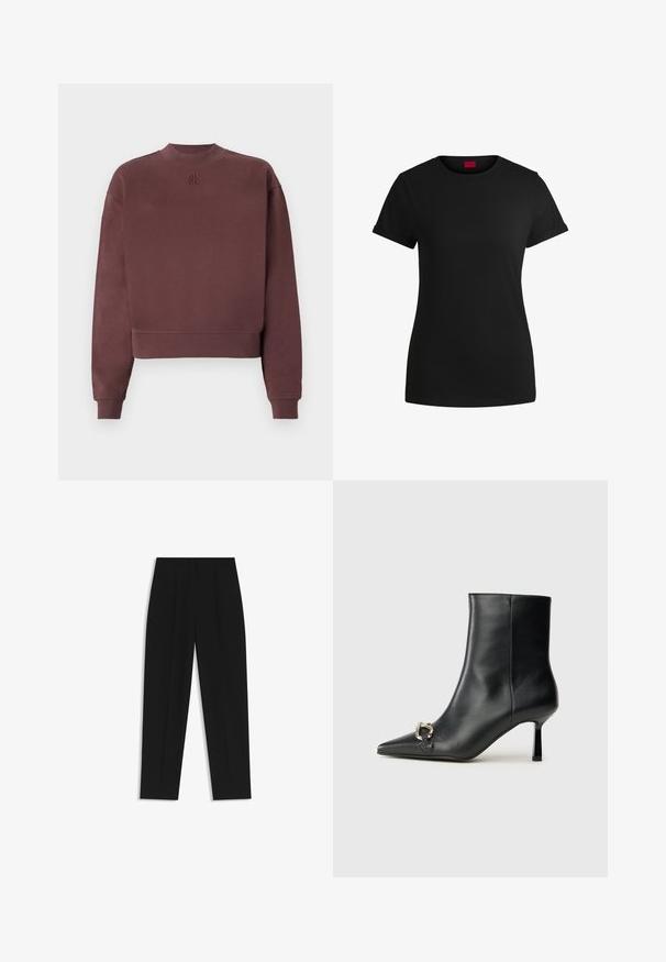 Bordowy sweter z wysokim kołnierzem i skróconym fasonem. Wykonany z miękkiego materiału, z prążkowanymi mankietami i tłoczonym logo na klatce piersiowej.; Czarna bawełniana koszulka z krótkimi, podwiniętymi rękawami, okrągłym dekoltem i czerwoną metką. Gładka tekstura, dopasowany fason z minimalnymi detalami.; Czarne spodnie o prostym kroju, z podwójnymi zakładkami, gładką teksturą i klasycznym krojem w talii. Bez widocznych elementów metalowych ani akcentów.; Czarny skórzany botek za kostkę z szpiczastym noskiem, smukłym średnim obcasem i srebrnym zapięciem po boku na jednolitym tle.