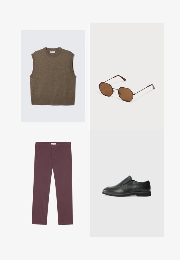 Colete de lã castanho sem mangas, com gola redonda, aberturas para os braços e bainha canelados, disposto em plano sobre um fundo branco.; Calças de algodão em tom bordeaux com um design de pernas retas, apresentando dois bolsos laterais e um fecho frontal com botão. Textura suave e sem padrões visíveis.; Sapato slip-on preto em pele com um upper liso, acabamentos cosidos, bico arredondado e um salto de borracha baixo. A sola apresenta um padrão de aderência mínimo.; Óculos de sol castanhos em forma octogonal com armações finas em metal escuro, almofadas de nariz ajustáveis e lentes de tom castanho; as hastes apresentam um detalhe laranja.