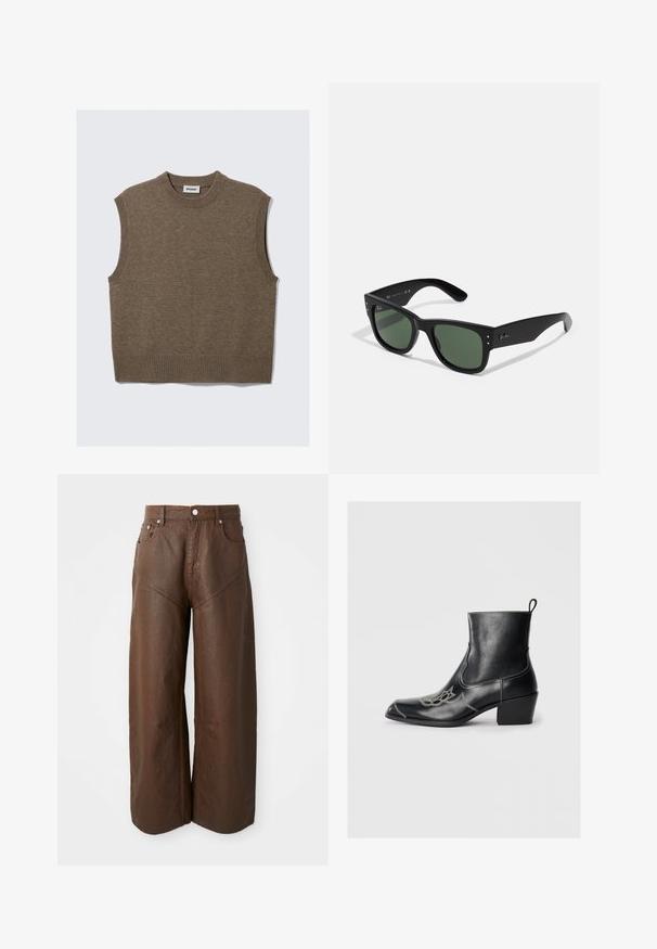 Pruun kudum sisetaks kätevaba sviiter vest ribaga ümar kaelus, käeaugud ja alumine ääre osa, laotatuna valgel taustal.; Laiad pruunid nahkpüksid viie tasku ja nööp-kinnitusega, esitlemine lihtsal valgel taustal.; Mustad mustad mustad mustad, dekoratiivsete õmbluste ja madala plokkninaga. Esitleb tõmbluku jaoks, et seda oleks lihtne panna.; Mustad musta raamiga prillid roheliste läätsedega, matte viimistlusega, peente riistvara aktsentidega ja reljeefse logoga templil.