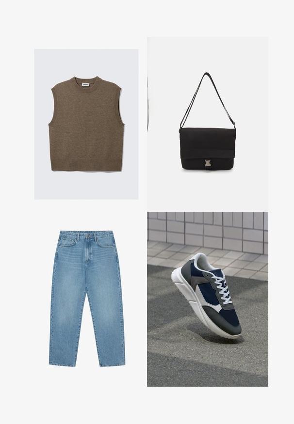 Brązowy dzianinowy bezrękawnik z ribbowanym okrągłym dekoltem, otworami na ramiona i dołem, rozłożony na białym tle.; Jasnoniebieskie dżinsowe spodnie o szerokich nogawkach i wysokim stanie, z pięcioma kieszeniami, szlufkami na pasek oraz miękką, lekko przytłumioną fakturą.; Sneakers z granatową siateczkową cholewką, szarymi zamszowymi akcentami, białą gumową podeszwą i płaskimi białymi sznurówkami, zaprojektowane z myślą o komforcie i wentylacji.; Czarna torba na ramię wykonana z gładkiego materiału, z klapą na złożeniu, srebrnymi zapięciami i regulowanym paskiem na ramię.
