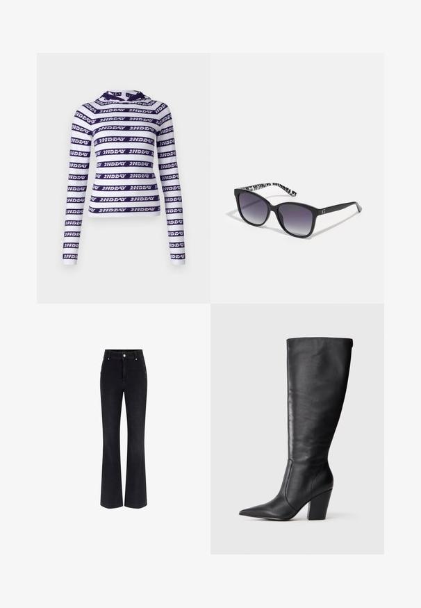 Crop top cu mânecă lungă, alb cu dungi orizontale de culoare mov închis, având textul repetat "2NDDAY." Material moale și elastic, cu glugă.; Jeans negre din denim, evazate, cu talie înaltă, design cu cinci buzunare și accente metalice pe laterale. Textură netedă și croială clasică.; Botină neagră din piele, până la genunchi, cu vârf ascuțit și toc gros, prezentată în profil stâng pe un fundal alb.; Ochelari de soare negri cu lentile degradate, formă pătrată și un templu cu un model texturat alb-negru. Prezintă un accent cu logo argintiu.