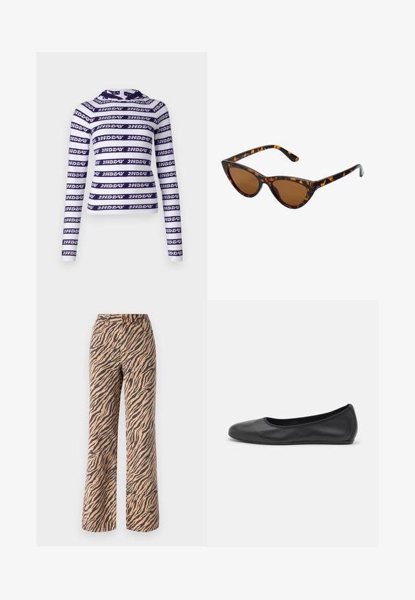 Langermet crop-topp i hvit med mørk lilla horisontale striper og gjentatt tekst "2NDDAY." Mykt og elastisk stoff med hette.; Bredde bukser med tigerstripe-mønster i nyanser av brun og svart, med standard midje og fem lommer.; Svart skinnballettflatt med rund tå, glatt tekstur, minimal sømdetalj, og et fleksibelt såledesign.; Kattøye solbriller med en svart og oransje skjellramme, brune linser og elegante, spisse tupper. Har en minimalistisk logo på stangen.