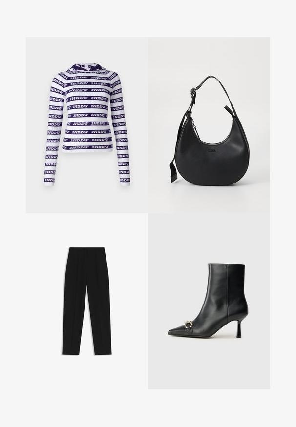Witte lange mouwen crop top met donkerpaarse horizontale strepen en herhaalde tekst "2NDDAY." Zacht, rekbaar materiaal met een capuchon.; Zwarte broeken met een rechte pasvorm, voorzien van dubbele plooien, een zachte textuur en een klassiek taillebandontwerp. Geen zichtbare hardware of accenten.; Zwarte leren enkelboot met spitse neus, slanke middenhoge hak en zilveren gespdetail aan de zijkant op een effen achtergrond.; Zwarte leren schoudertas met een gebogen vorm, ritsluiting en verstelbare schouderband. Voorzien van het reliëf logo van het merk aan de voorkant.