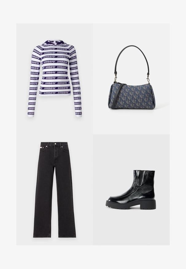 Top corto de manga larga en blanco con rayas horizontales de color púrpura oscuro que presentan el texto repetido "2NDDAY". Tejido suave y elástico con capucha.; Jeans anchos de mezclilla negros, con cintura alta, cinco bolsillos y cierre de botón metálico con costuras contrastantes.; Botines negros con acabado de charol brillante, suela de goma negra gruesa y tacón elevado; incluye un sutil detalle del logo en el lateral.; Bolso de mano de tela con un patrón azul, que presenta una forma curva, una correa de cuero negra y un diseño de logo en un tono más claro.