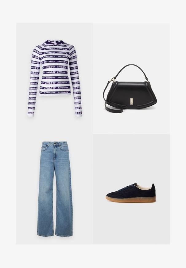 Long-sleeve crop top in white with dark purple horizontal stripes featuring repeated text "2NDDAY." Soft, stretchy fabric with a hood.; Light blue wide-leg jeans made of denim, featuring a high waist, front pockets, and a classic five-pocket design, with subtle fading.; Navy suede sneaker with a gum rubber sole, blue laces, and minimalist design. Features embossed logo on the side and smooth inner lining.; Black leather handbag with a structured design, featuring a cropped shape, top handle, and gold hardware accent. Adjustable shoulder strap included.