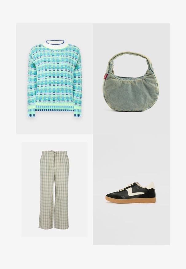 Knit pullover sweater in light blue and green with floral patterns, featuring a ribbed white collar and blue striped hem. Soft texture.; Green and white plaid pajama pants, made of soft fabric, feature an elastic waistband with a drawstring and wide, relaxed legs.; Black suede and leather sneaker with a cream side swoosh and light cream heel. Features beige laces and a gum rubber outsole.; Light blue denim handbag with short padded handle and small red Levi's logo tag on the side, set against a plain background.
