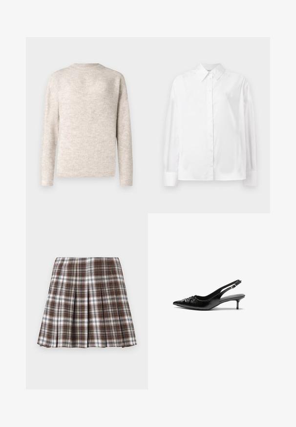 Maglione lungo a maniche, di colore beige chiaro, con una texture a coste e scollatura rotonda. Realizzato in materiale morbido, presenta una vestibilità comoda.; Camicia bianca a maniche lunghe con bottone in un morbido mix di cotone. Presenta un colletto classico, chiusura frontale con bottoni e polsini arrotondati.; Gonna plissettata a quadri marrone e bianco con un design strutturato e una texture netta, caratterizzata da una vita alta e molteplici pieghe verticali.; Tacchi slingback in pelle nera con punta affusolata, piccolo tacco kitten e un dettaglio a nodo decorativo sulla parte anteriore. Texture liscia su tutta la superficie.