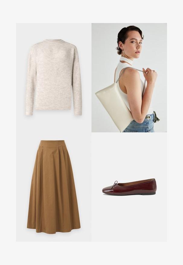 Vaaleanbeige pitkähihainen villapaita, jossa on ribbitekstuuri ja pyöreä pääntie. Valmistettu pehmeästä materiaalista, se tarjoaa rentoa istuvuutta.; Ruskea puuvillainen A-linjainen hame korkealla vyötäröllä, jossa on laskokset edessä ja sileä pinta. Helma on viimeistelty siististi ja yksinkertaisesti.; Burgundin värinen lakattu nahkainen ballerinatossu pyöreällä varvaskärjellä, pienen nauhan yksityiskohdalla edessä ja matalalla mustalla kumipohjalla. Sujuva pinta.; Valkoinen suorakulmainen clutch-laukku, joka on valmistettu kiiltävästä materiaalista ja jossa on hopeinen ketjuolkahihna. Malli poseeraa laukku käsivarsillaan yksinkertaista taustaa vasten.