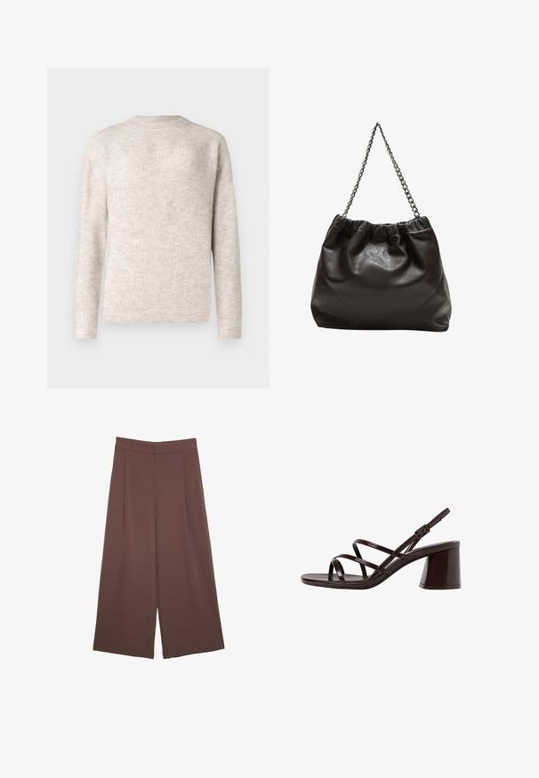 Svetlo bež pulover dolgih rokavov z rebrasto teksturo in okroglim ovratnikom. Narejen iz mehkega materiala, ima sproščen kroj.; Rjave široke hlače z gladko teksturo, ki imajo visok pas in sprednje naborke. Tkanina je lahka in prosto pada.; Rjave sandale na visoki peti s debelim petom, z gladko, sijajno površino in večkratnimi križnimi trakovi na zgornjem delu.; Rjava usnjena torba z nabranim vrhom in verižnim trakom. Gladka tekstura z sijajno površino in subtilnimi šivi na straneh.