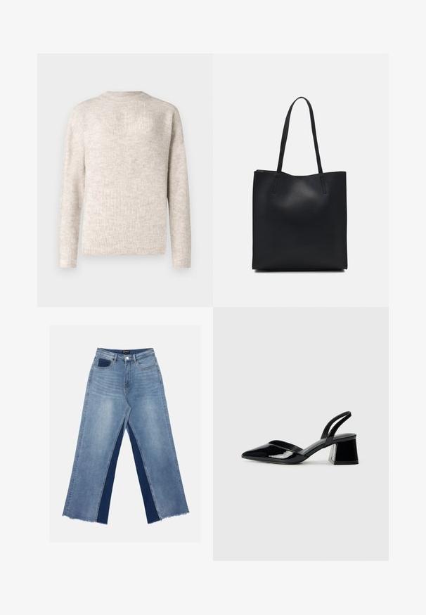 Világos bézs, hosszú ujjú pulóver bordázott textúrával és kerek nyakkal. Puha anyagból készült, laza szabású.; Világoskék, bőszárú farmernadrág, kontrasztos sötétkék panelekkel, szálkás szegélyekkel, valamint normál derekú, fém gombos záródással.; Fekete lakk bőr szandálkés magas sarkú cipő, hegyes orral és geometrikus tömbsarkakkal. Karcsú, minimalista dizájn és sima textúra jellemzi.; Fekete bőrtáska sima felszínnel, téglalap alakú, két hosszú füllel. Nincs látható fémkiegészítő vagy díszítés.